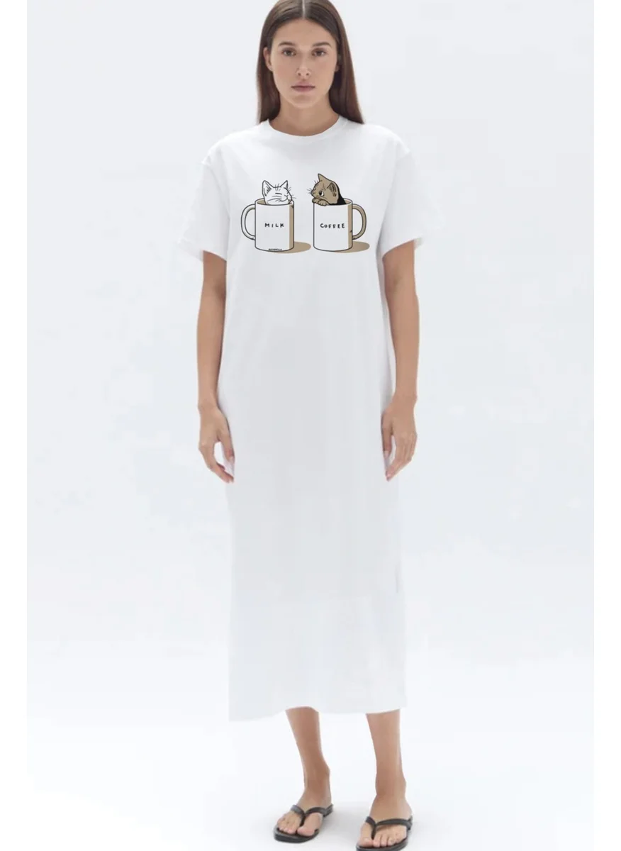 Rock&Roll Milky and Plain White Crew Neck Short Sleeve Combed Cotton Long Dress