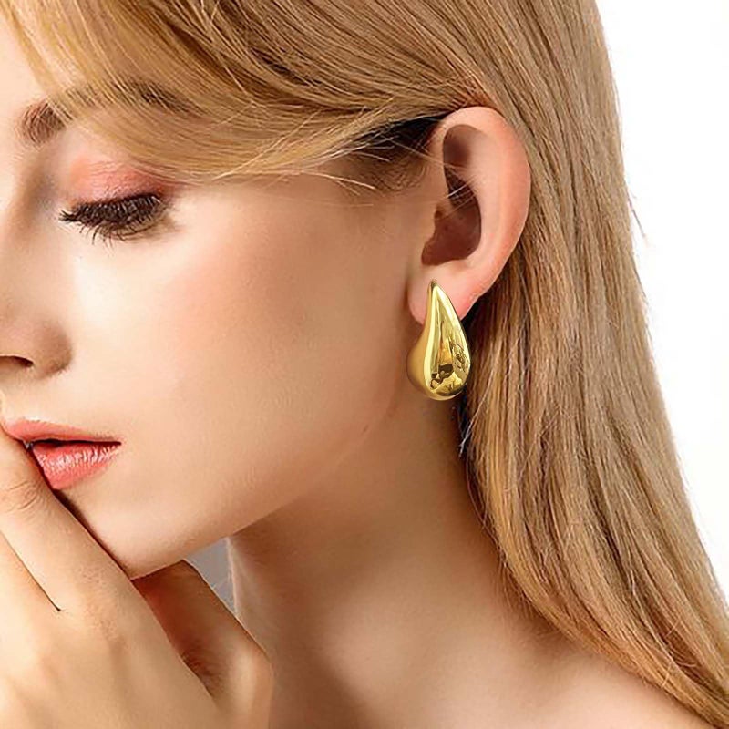 PANSHI  Chunky Gold Teardrop Hoop Earrings for Women, 14K Gold Plated Statement Drop Earrings Trendy Fashion Jewelry Gifts - Image 3