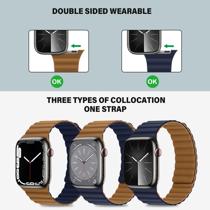 Bisikor Compatible with Apple Watch Band 49 46 45 44 42 41 40 38mm, Double Sided Wearable Silicone Magnetic Strap for iWatch Ultra SE Series 11 10 9 8 7 6 5 4 3 2 1 (38/40/41/42, Brown/Indigo) - Image 3