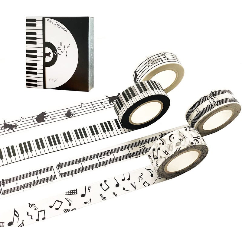 lovielf Black and White Piano Note Melody Keyboard Cat Staff Stave Score Music washi Tape Set of 4 Rolls - Decorative DIY Japanese Masking Scrapbook Notebook Planner | Length: 10m (10.93 Yards) - Image 1