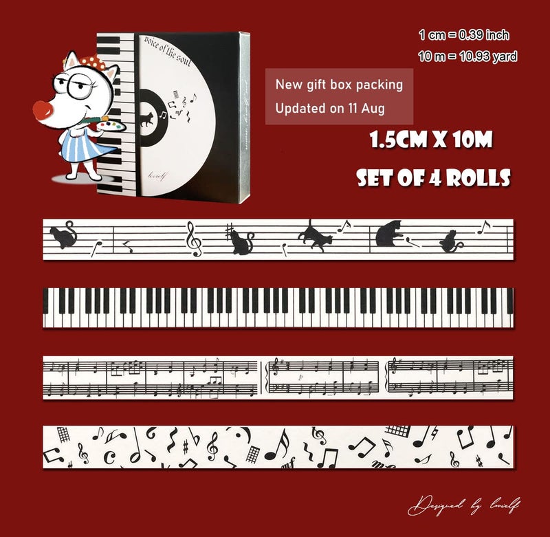 lovielf Black and White Piano Note Melody Keyboard Cat Staff Stave Score Music washi Tape Set of 4 Rolls - Decorative DIY Japanese Masking Scrapbook Notebook Planner | Length: 10m (10.93 Yards) - Image 2