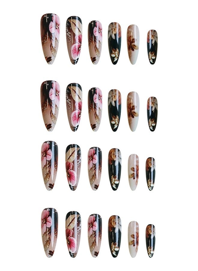 TBRZTR 24Pcs Flower Press on Nails Medium Length Gold Glitter Powder Floral Pattern Design Glossy False Nail Full Cover Almond Stick on Nails Artificial Acrylic Press Ons Glue on Nail for Women - Image 3