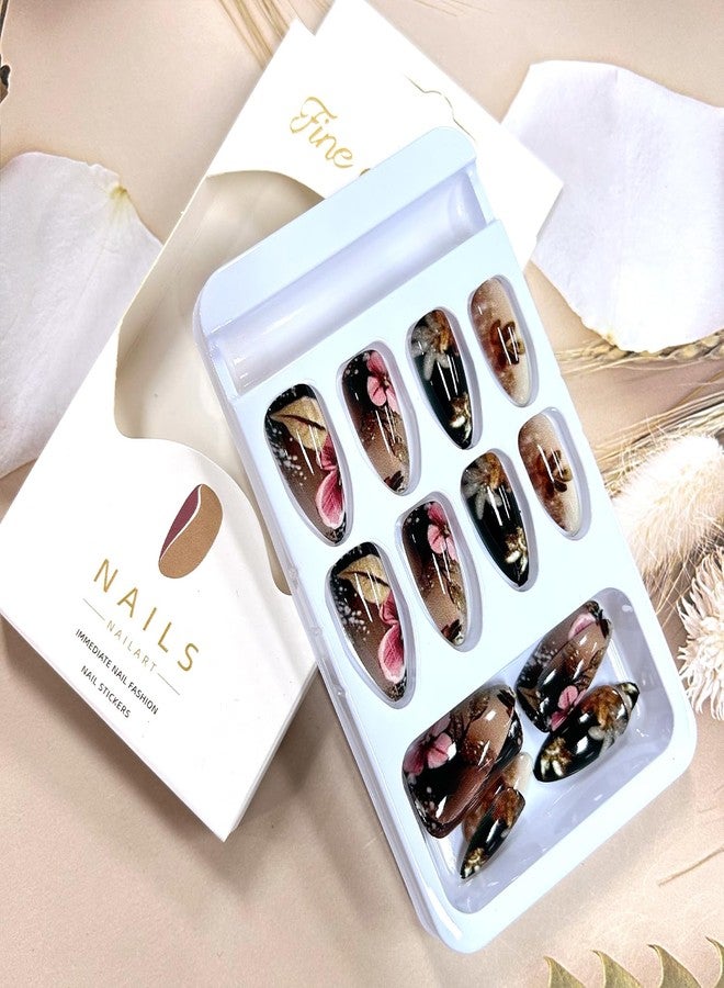 TBRZTR 24Pcs Flower Press on Nails Medium Length Gold Glitter Powder Floral Pattern Design Glossy False Nail Full Cover Almond Stick on Nails Artificial Acrylic Press Ons Glue on Nail for Women - Image 4