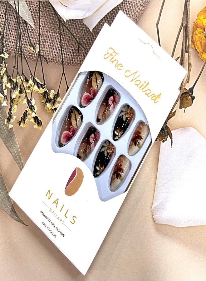 TBRZTR 24Pcs Flower Press on Nails Medium Length Gold Glitter Powder Floral Pattern Design Glossy False Nail Full Cover Almond Stick on Nails Artificial Acrylic Press Ons Glue on Nail for Women - Image 5