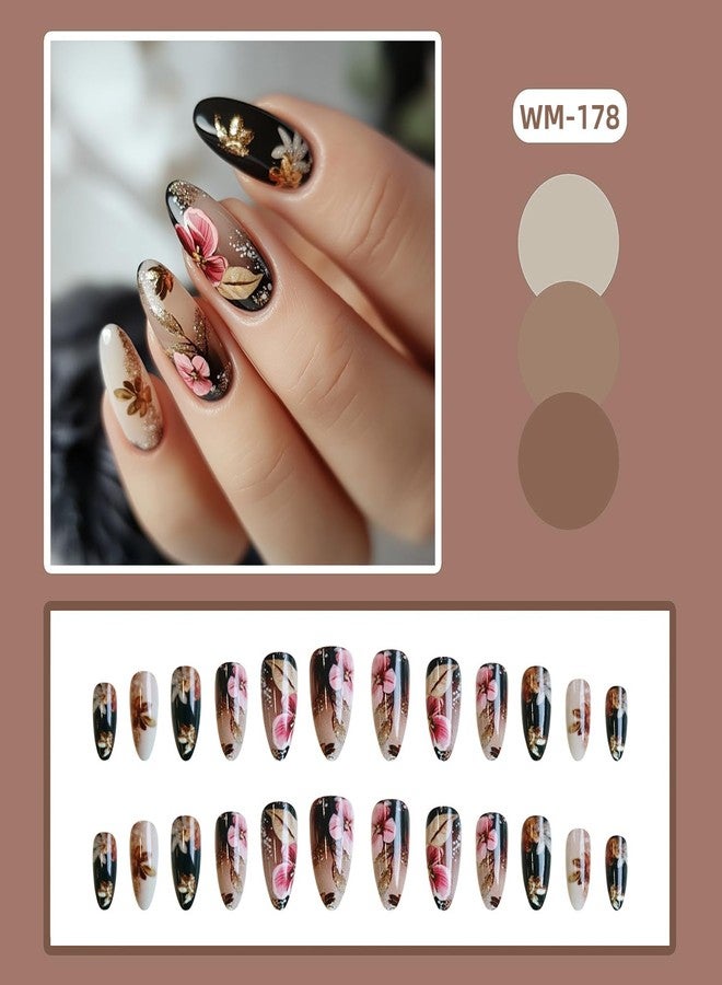 TBRZTR 24Pcs Flower Press on Nails Medium Length Gold Glitter Powder Floral Pattern Design Glossy False Nail Full Cover Almond Stick on Nails Artificial Acrylic Press Ons Glue on Nail for Women - Image 2