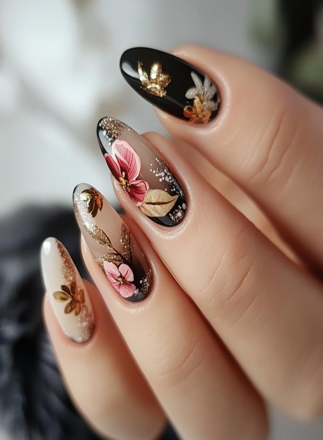 TBRZTR 24Pcs Flower Press on Nails Medium Length Gold Glitter Powder Floral Pattern Design Glossy False Nail Full Cover Almond Stick on Nails Artificial Acrylic Press Ons Glue on Nail for Women - Image 1