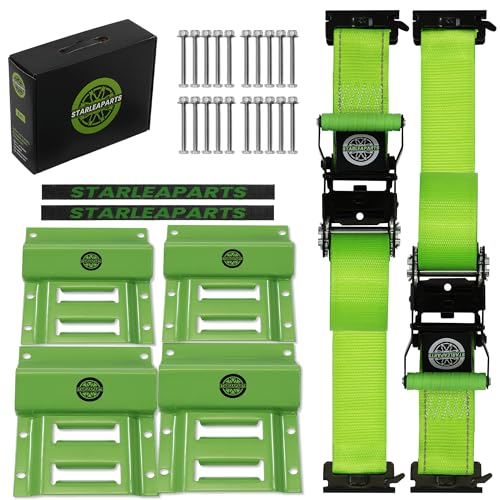 STARLEAPARTS Heavy Duty Wheel Chock Tie Down Straps Set (2PK) - 4,400lb Guaranteed Max Break Strength, (2) 2" x 6' Trailer Tire Straps with (4) Wheel Chocks for ATV, UTV or Tractors - Image 1