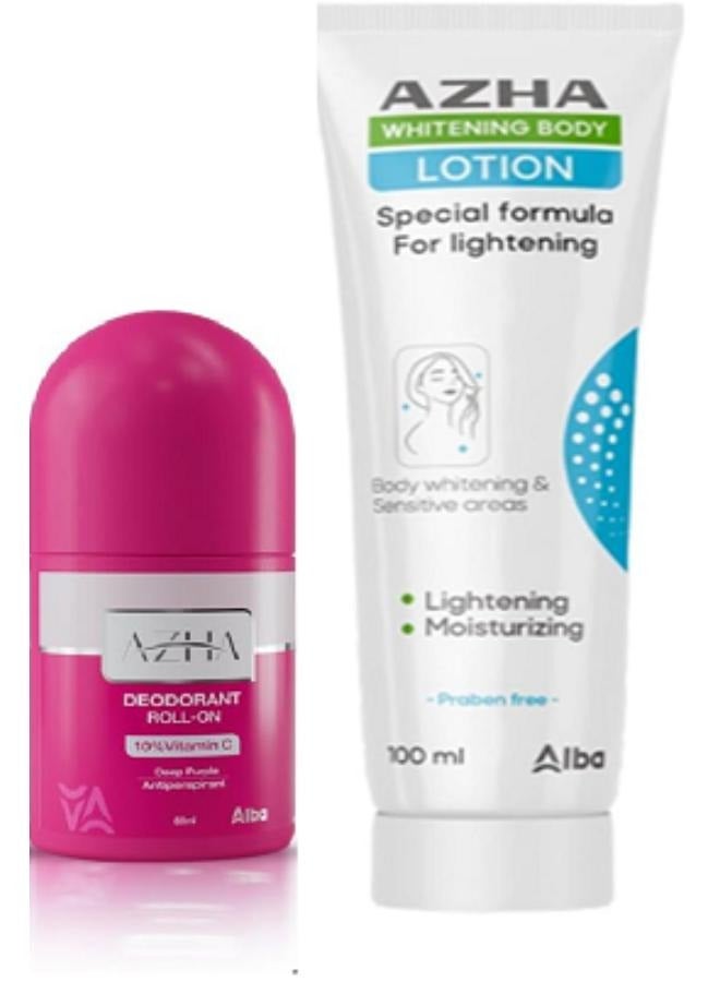 AZHA Whitening Body Lotion Special Formula For Lightening 100 gm+Roll-On Whitening Deodorant Pink Delays Hair Growth Secret 60 ML - Image 1