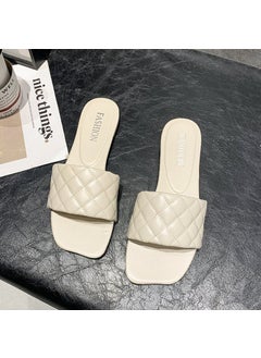 Black Flat Bottom Sandals Womens Summer 2025 New Style Outerwear Niche Weaving One-Row Slippers Comfortable TPR Material Beige