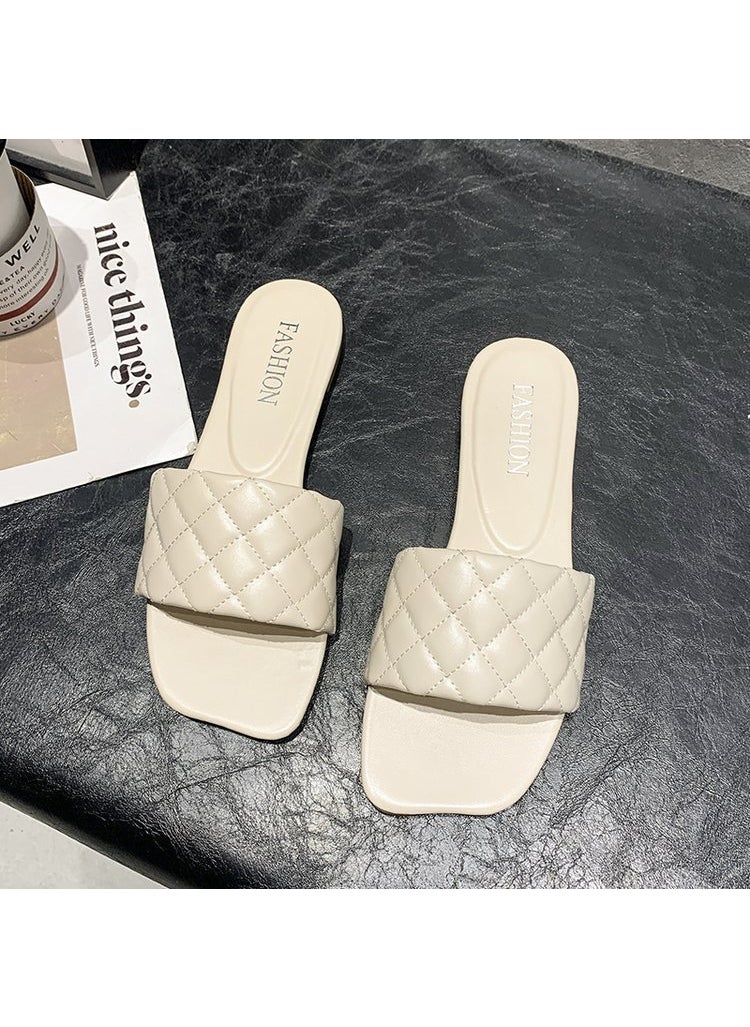 Generic - Black Flat Bottom Sandals Womens Summer 2025 New Style Outerwear Niche Weaving One-Row Slippers Comfortable TPR Material Beige - Image 1