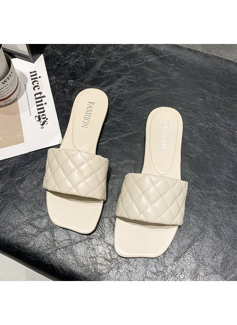 Black Flat Bottom Sandals Womens Summer 2025 New Style Outerwear Niche Weaving One-Row Slippers Comfortable TPR Material Beige