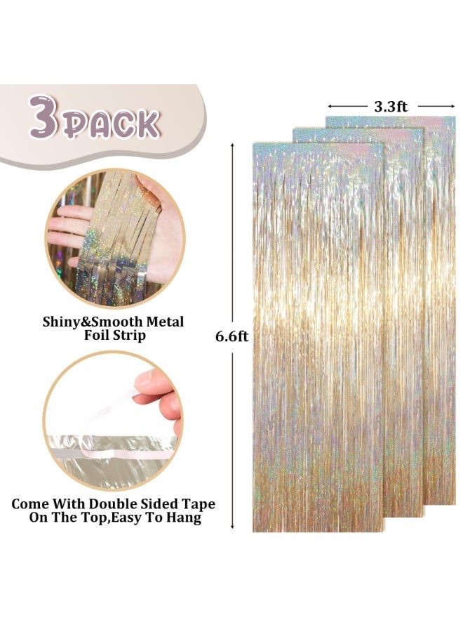 أوشيما 3 قطع شمبانيا غولد تينسل الستارة الخلفية، تينسل ستريمرز زخرفة الحزب، فرينج Backdrop for Birthday، شمبانيا فويل الستائر الهامشية Backdrop for Anniversary Wedding Supplies (3.28 × 6.56 قدم) - Image 2