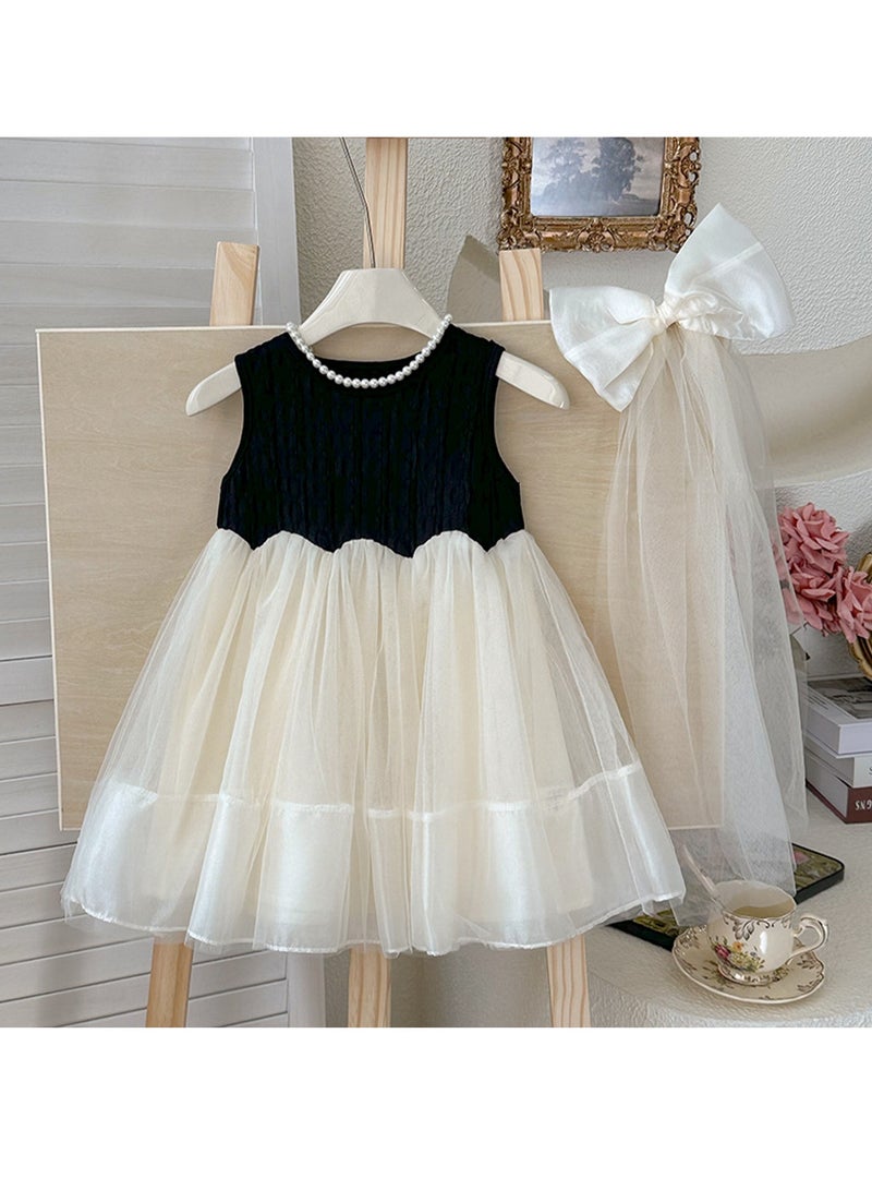 Black Textured Bodice & Ivory Tulle Princess Dress with Bow Veil for Toddler Girls, Perfect for Birthday Parties, Photo Shoots & Special Occasions, Fits Height 90–100 cm (2–3 Y, 12–15 kg), Soft Polyester  - Image 1