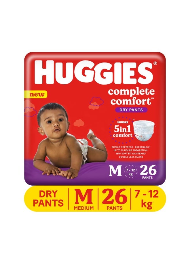 Huggies Complete Comfort Dry Pants Medium (M) Size Baby Diaper Pants, 26 count, with 5 in 1 Comfort