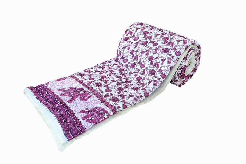 Hopee Shop Rajasthani Jaipuri Sanganeri Printed Handmade Elephant Cotton Printed Razai/Quilt, Double Bed Razai (Pink and White) (87x105 inch) - Image 2