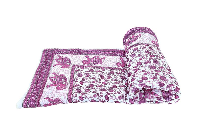 Hopee Shop Rajasthani Jaipuri Sanganeri Printed Handmade Elephant Cotton Printed Razai/Quilt, Double Bed Razai (Pink and White) (87x105 inch) - Image 3