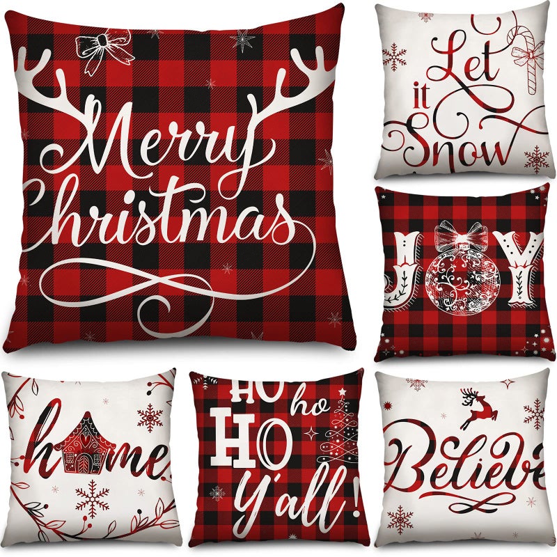 Tatuo 6 Pieces Christmas Pillow Covers 18 x 18 Inch Buffalo Plaid Cushion Case Christmas Pillow Case Holiday Throw Pillow Cover for Xmas Winter Sofa Couch Bedroom Decorations Red Black