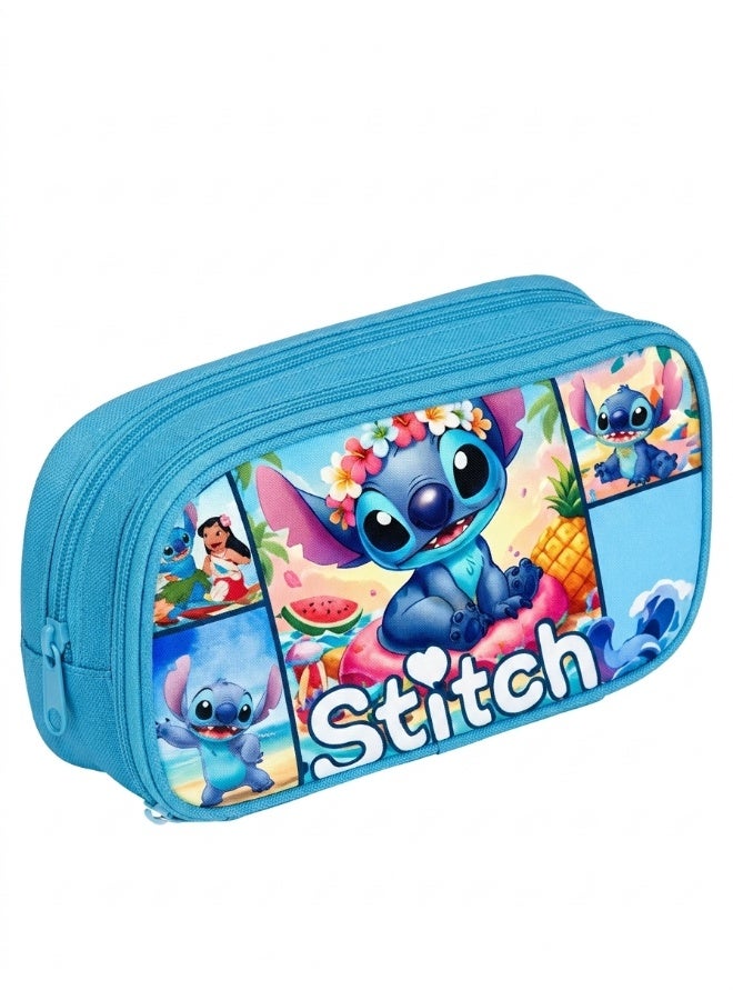 Kidzilla Stitch Blue Pencil Case with Yellow Snap Flap, Zipper Stationery Organizer - Image 1