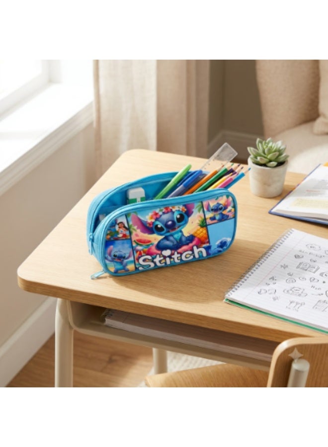Kidzilla Stitch Blue Pencil Case with Yellow Snap Flap, Zipper Stationery Organizer - Image 3