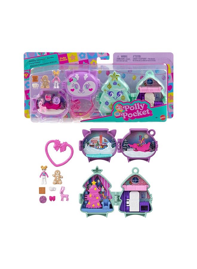 Mini Toys, Holiday Stackable Compact Playset Bundle With Micro Doll, Accessories, Pet Animal, Travel Toy With Clip