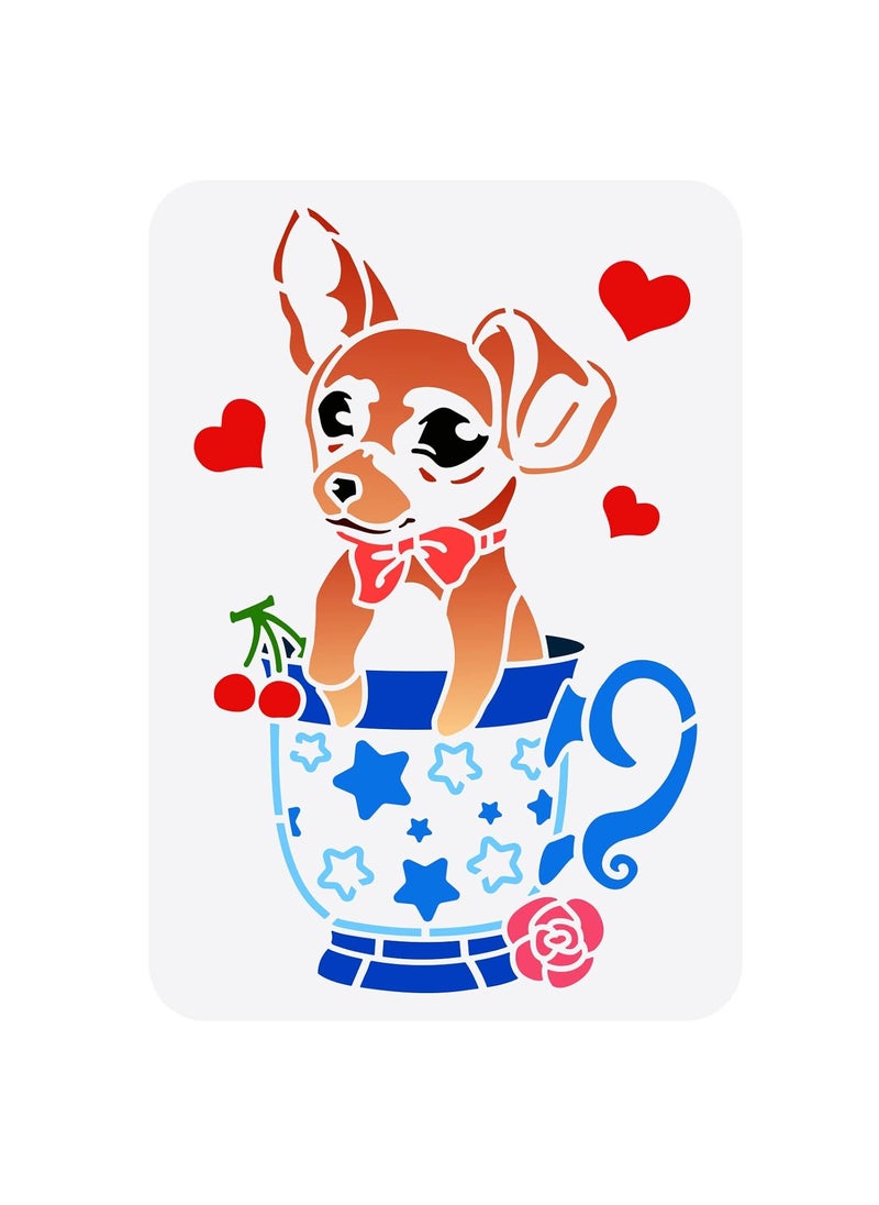 FINGERINSPIRE FINGERINSPIRE Teacup Dog Stencil 11.7x8.3 inch Puppy Dog Stencil Plastic Teacup Rose Stars Heart Cherry Pattern Template Reusable DIY Art and Craft Stencils for Wood Art Painting Walls and Crafts  - Image 1