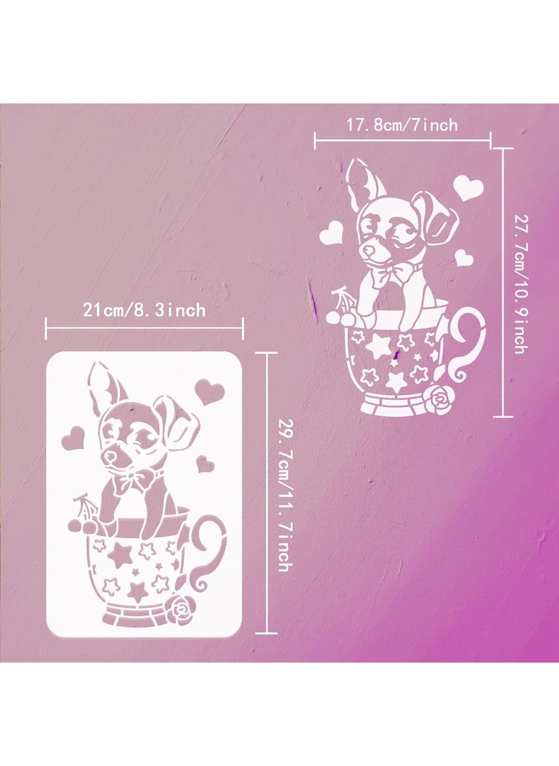 FINGERINSPIRE FINGERINSPIRE Teacup Dog Stencil 11.7x8.3 inch Puppy Dog Stencil Plastic Teacup Rose Stars Heart Cherry Pattern Template Reusable DIY Art and Craft Stencils for Wood Art Painting Walls and Crafts  - Image 2