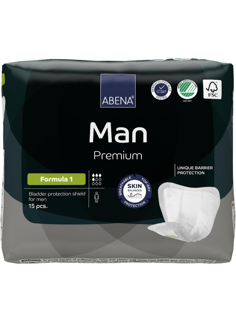 Abena Man Formula 1 Incontinence Pads for Men, Eco-Labelled Mens Incontinence Pads, Extra Protection, Breathable & Comfortable with Fast Absorption, Discreet - 450ml Absorbency, 15PK