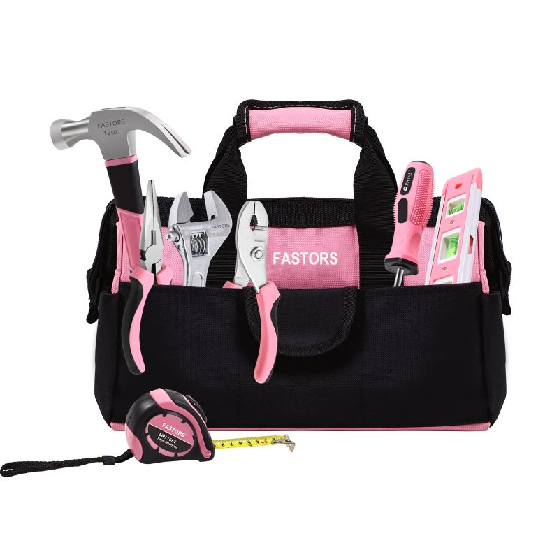 FASTORS Pink Tool Bag for Women With 13-Inch Wide Mouth Double Zippers,Tool Bag With 8 Pockets Outside and 2 Pockets Inside(PINK) - Image 5