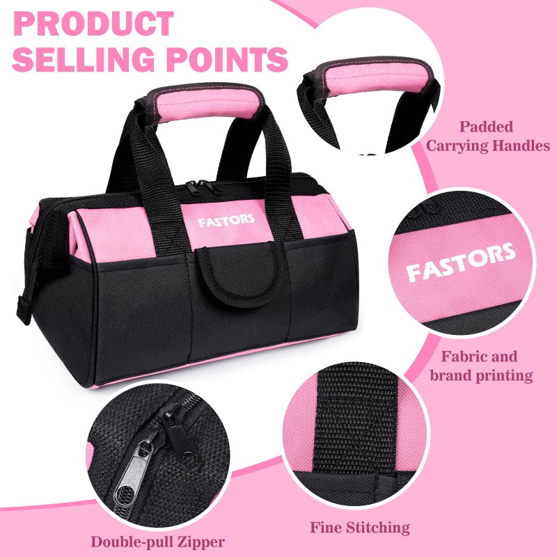 FASTORS Pink Tool Bag for Women With 13-Inch Wide Mouth Double Zippers,Tool Bag With 8 Pockets Outside and 2 Pockets Inside(PINK) - Image 3