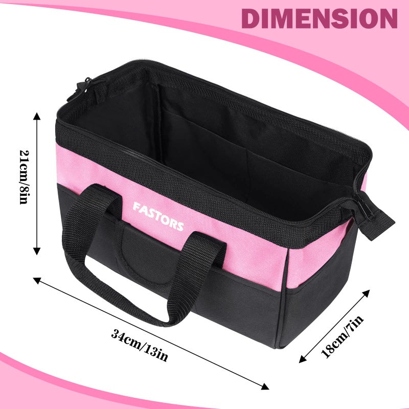 FASTORS Pink Tool Bag for Women With 13-Inch Wide Mouth Double Zippers,Tool Bag With 8 Pockets Outside and 2 Pockets Inside(PINK) - Image 4