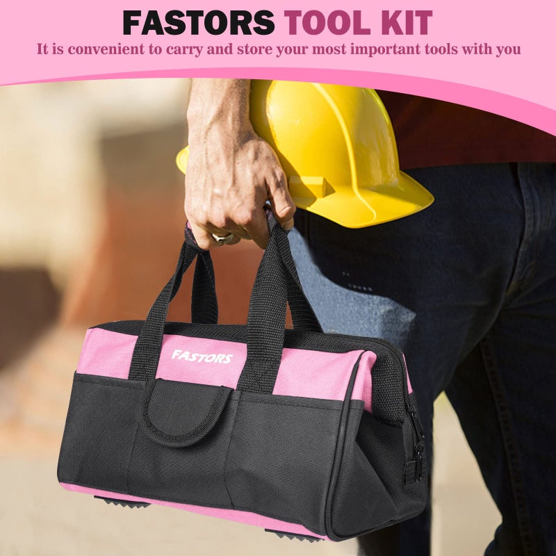 FASTORS Pink Tool Bag for Women With 13-Inch Wide Mouth Double Zippers,Tool Bag With 8 Pockets Outside and 2 Pockets Inside(PINK) - Image 2