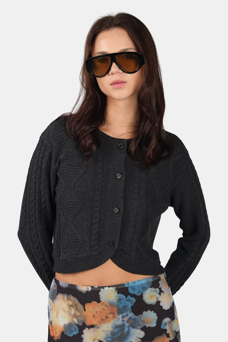 فيرجيو Self Design Cotton Curved Hem Knitted Crop Cardigan for Women