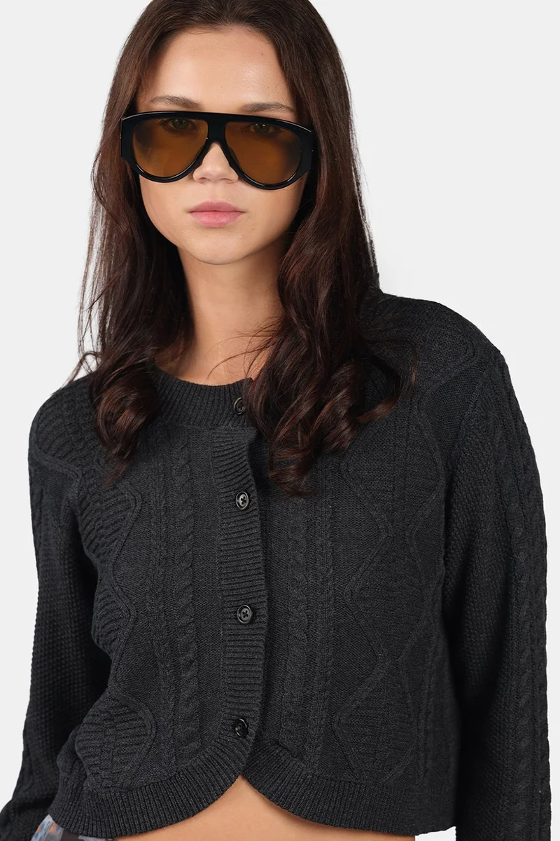 Virgio  Self Design Cotton Curved Hem Knitted Crop Cardigan for Women for Women | Best Price UAE