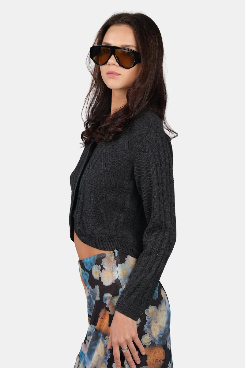 Virgio  Self Design Cotton Curved Hem Knitted Crop Cardigan for Women for Women | Best Price UAE