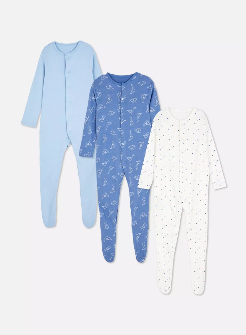 PRIMARK 3pk Long Sleeve Dinosaur Sleepsuits - Image 1