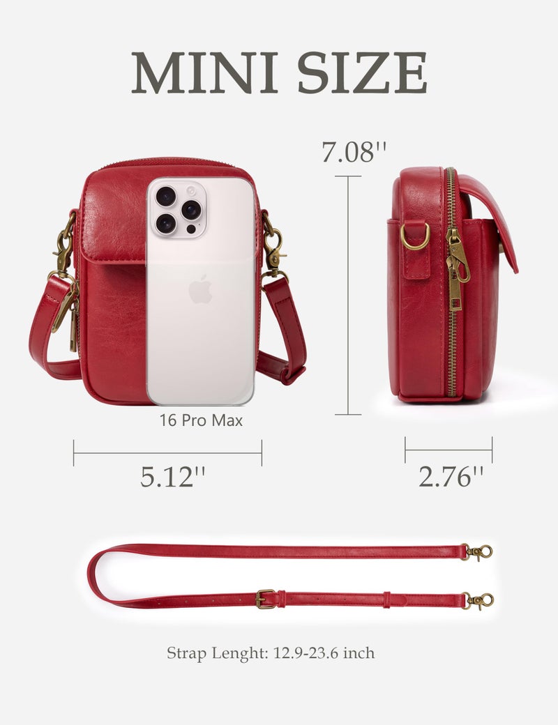 Yarnic Small Crossbody Bag, Vegan Leather Cell Phone Purse for Women, Vintage Wallet Bag with Card Slots (Red-leather Strap) - Image 5