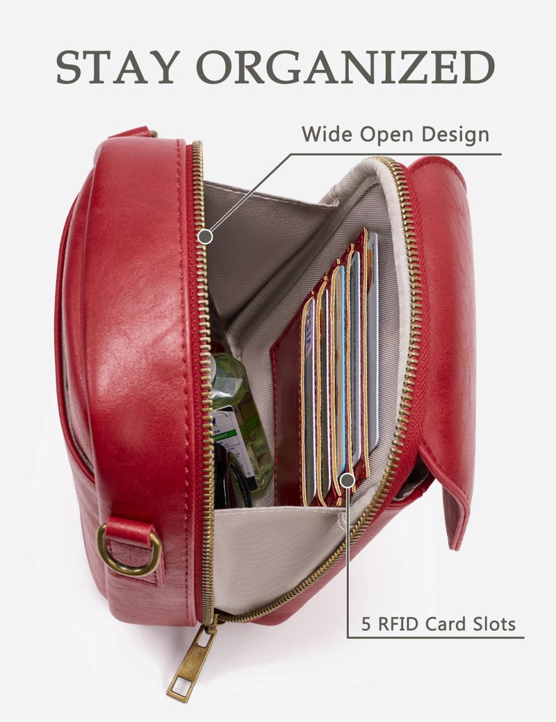 Yarnic Small Crossbody Bag, Vegan Leather Cell Phone Purse for Women, Vintage Wallet Bag with Card Slots (Red-leather Strap) - Image 4