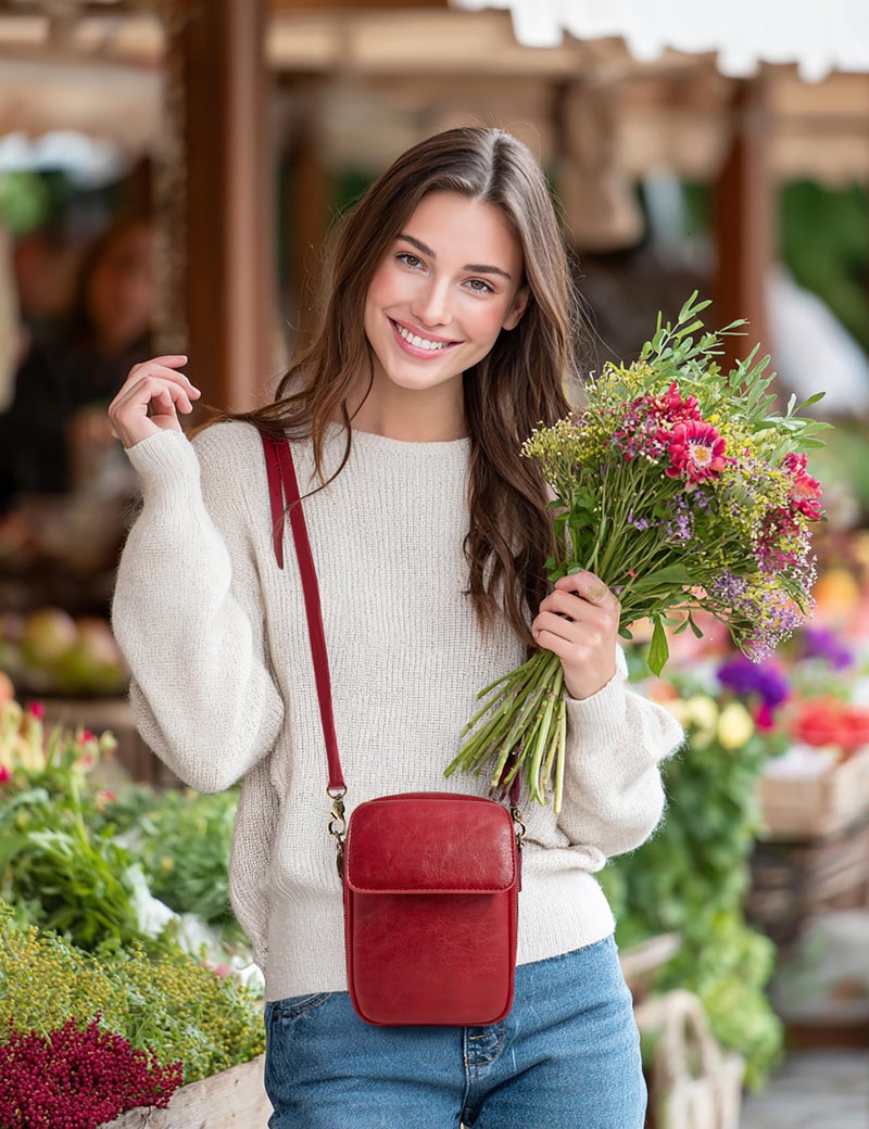 Yarnic Small Crossbody Bag, Vegan Leather Cell Phone Purse for Women, Vintage Wallet Bag with Card Slots (Red-leather Strap) - Image 2