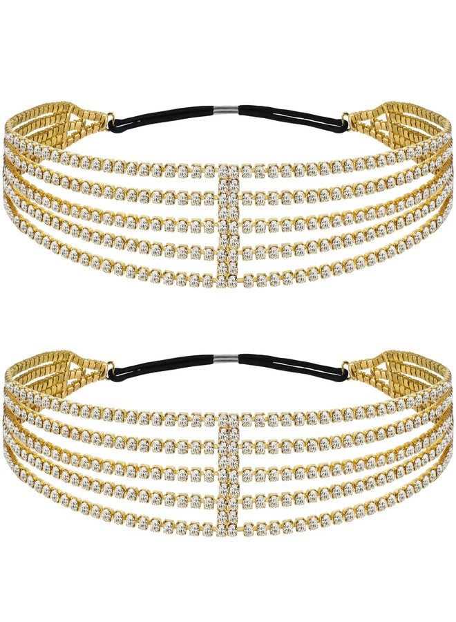 ANCIRS 2 Pack Multi Layered Elastic Headband for Women, Adjustable Rhinestone Bridal Headpieces, Stretchy Crystal Jewelry Hair Bands Accessories for Girls- Gold - Image 1