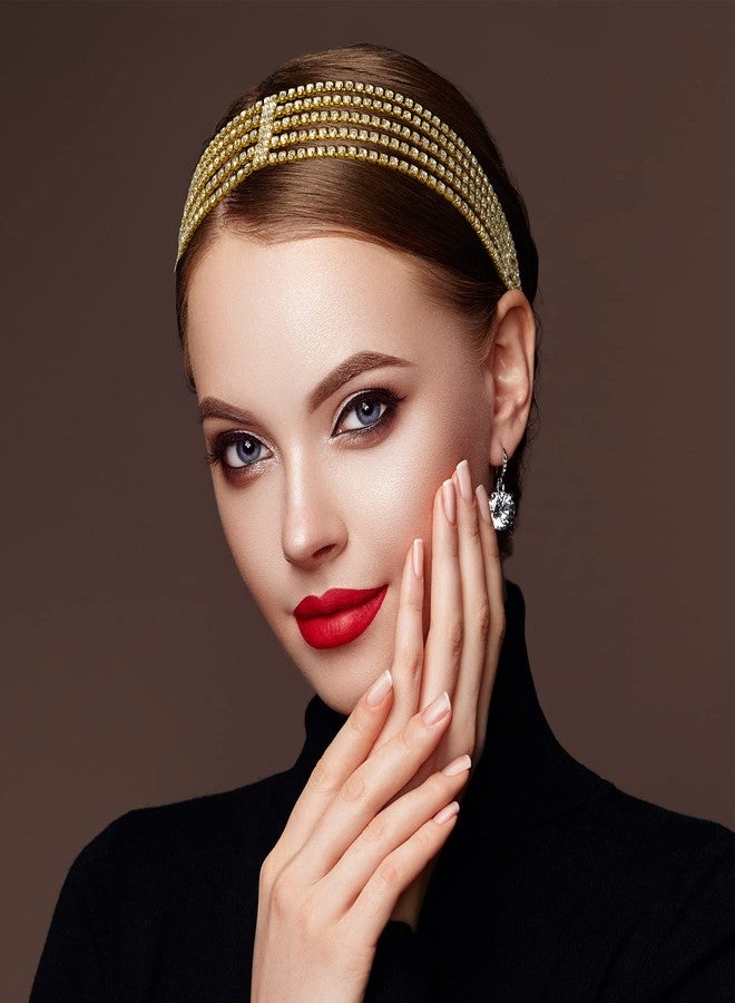 ANCIRS 2 Pack Multi Layered Elastic Headband for Women, Adjustable Rhinestone Bridal Headpieces, Stretchy Crystal Jewelry Hair Bands Accessories for Girls- Gold - Image 2