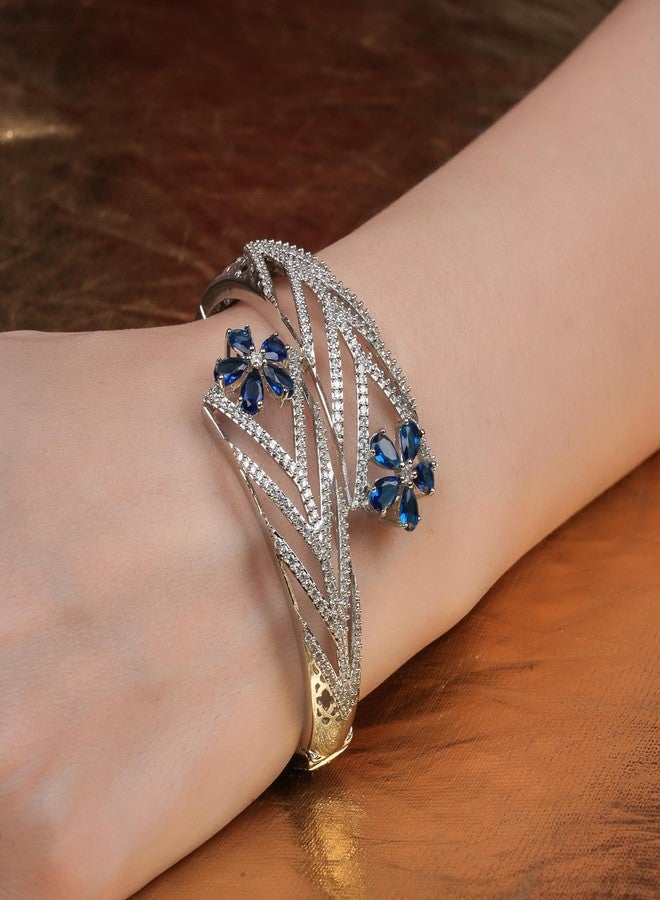 STYOLLO Floral Silver Bracelet For Women & Girls Stylish with Pear Shaped American Diamond Crystals | Beautiful Girl's Hand Bracelet AD Accessories | Trending Women's Fashion Jewellery-(B3-Blue) - Image 3