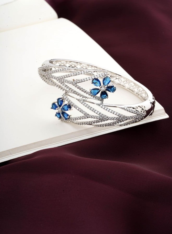 STYOLLO Floral Silver Bracelet For Women & Girls Stylish with Pear Shaped American Diamond Crystals | Beautiful Girl's Hand Bracelet AD Accessories | Trending Women's Fashion Jewellery-(B3-Blue) - Image 2