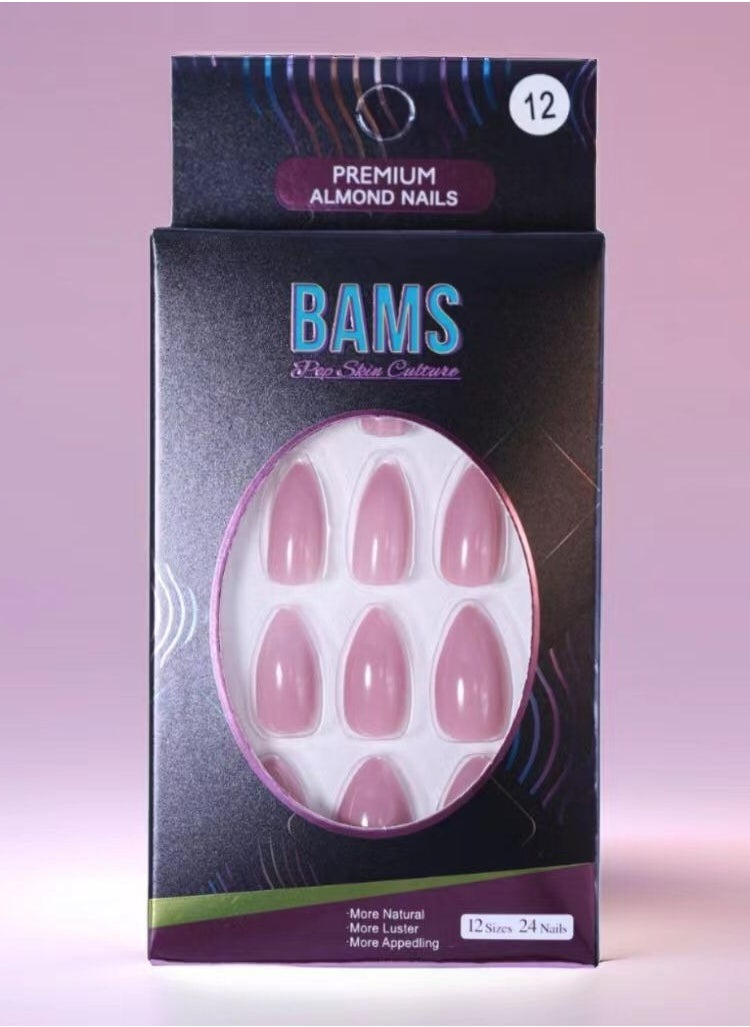 B A M S ثقافة البشرة الشعبية أظافر BAMS الفاخرة بلون اللوز، بألوان أحمر الشفاه الوردي، متوفرة بـ 12 مقاسًا، سهلة التركيب بالضغط  - Image 1