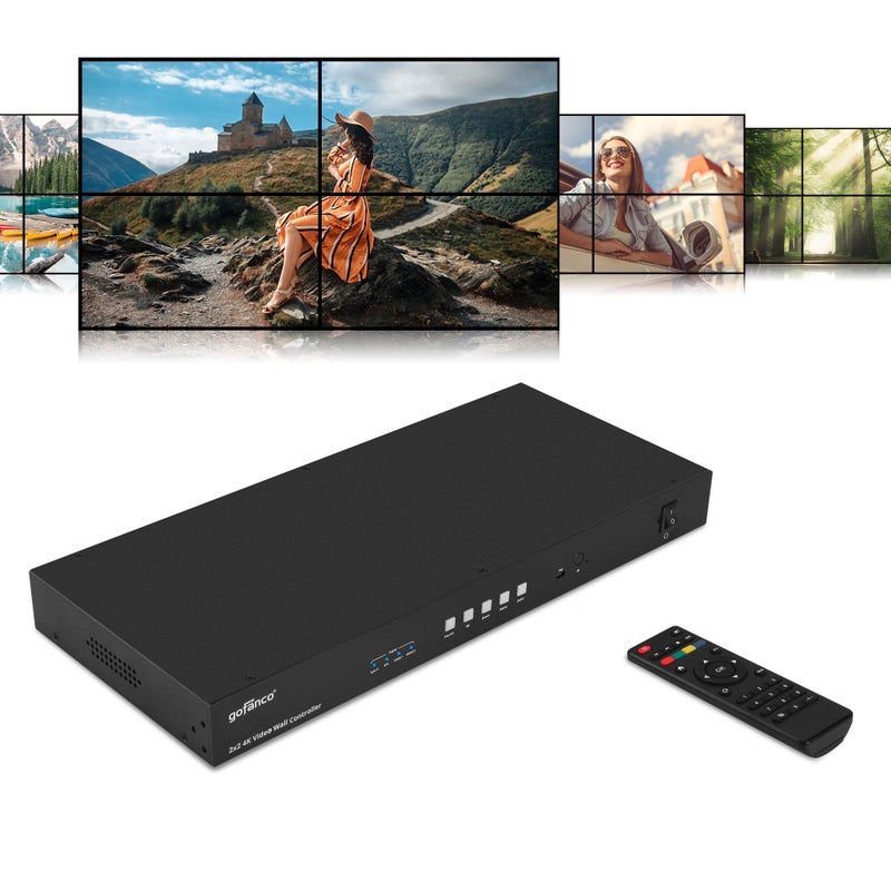 gofanco 2x2 Video Wall Processor Up to 4K 30Hz Four Switchable Inputs 9 Modes Cascadeable Loopout 180 Rotation Edge Correction 1U Web GUI SPDIF Coax Stereo Audio Extract Videowall22