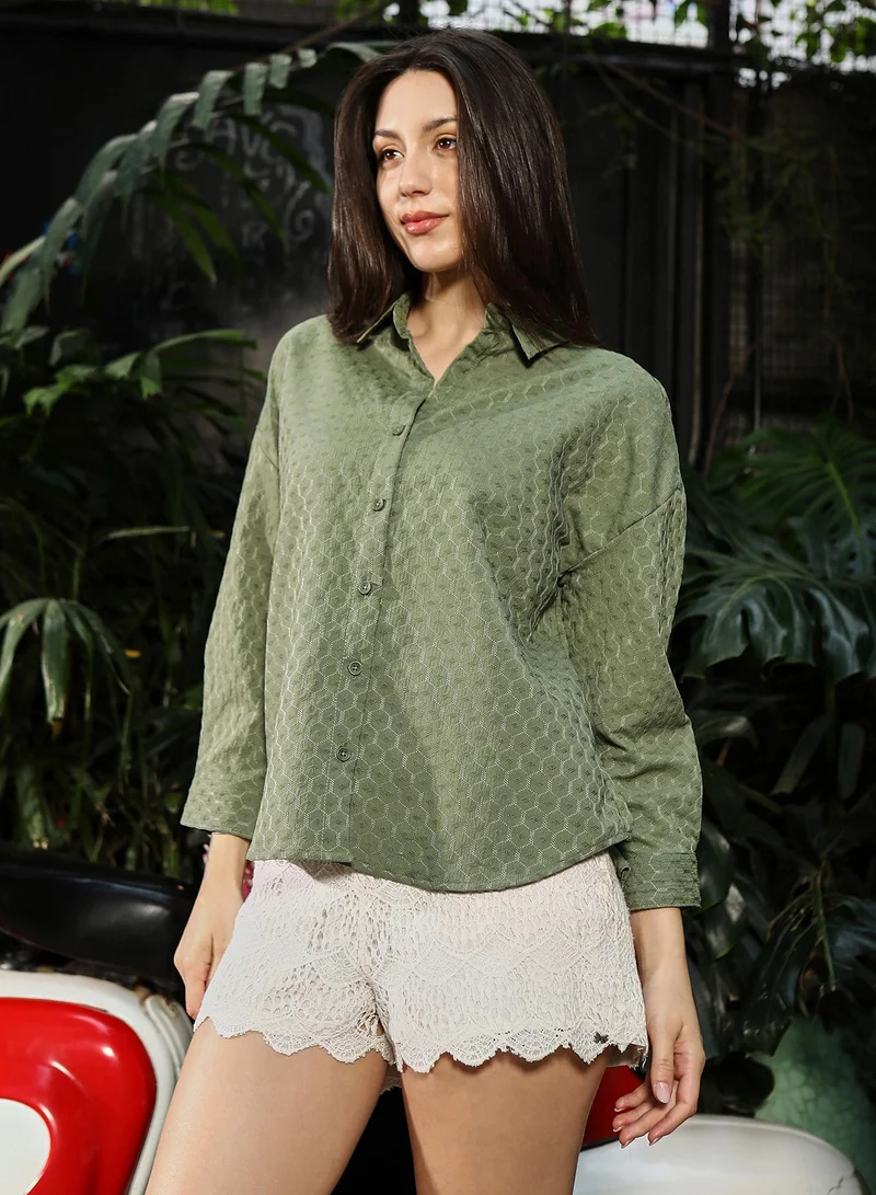 PINACOLADA  Women's Olive Green Honeycomb-Tactile Oversized Shirt | نساء | أكمام طويلة | طبعة هندسية | طوق منتشر | كاجوال كبير الحجم | قميص for Women | Best Price UAE