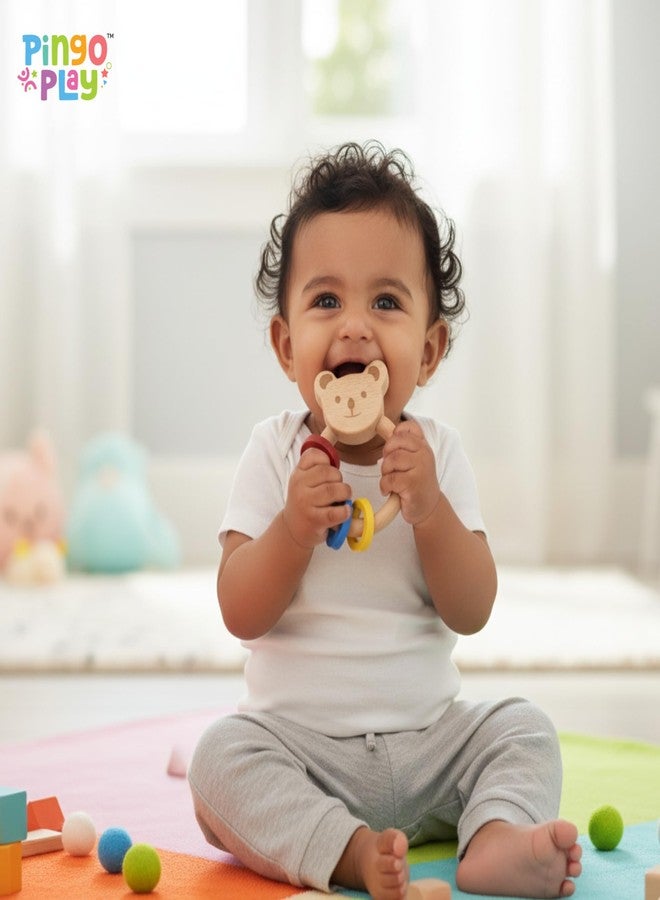 Pingo Play Premium Wooden Rattle for Babies | Montessori Newborn Toy with Bear Design & Colorful Rings | Safe & Non-Toxic Wooden Infant Rattle for Sensory Development (0-18 Months) - Image 3