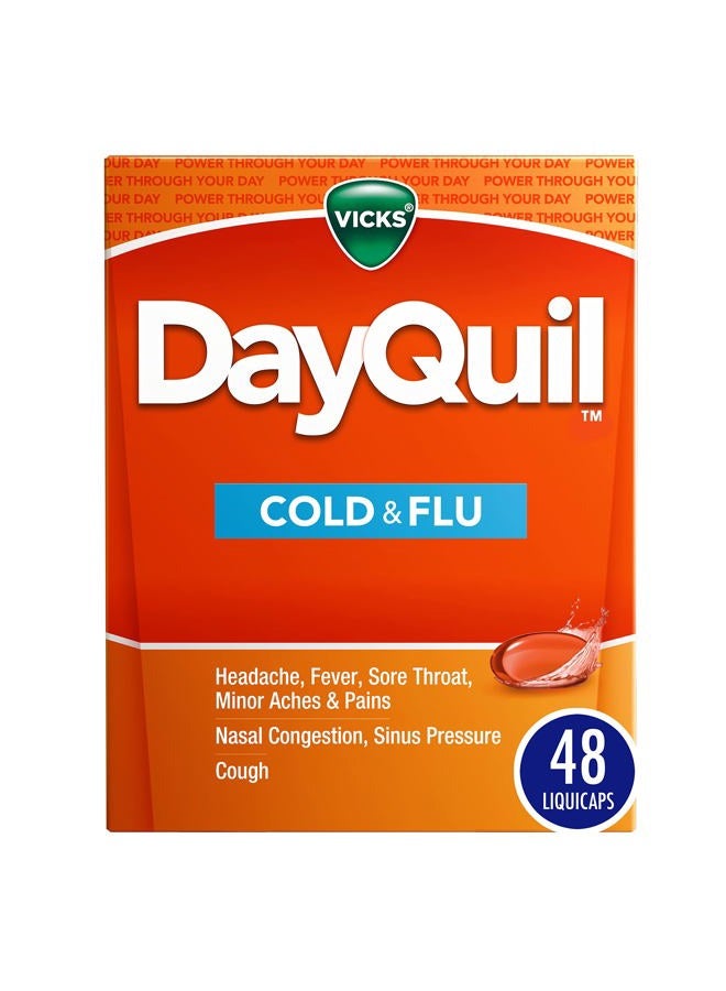 Vicks DayQuil Cold & Flu Medicine, Non-Drowsy Powerful Multi-Symptom Daytime Relief for Headache, Fever, Sore Throat, Minor Aches and Pains, Nasal Congestion, Sinus Pressure and Cough, 48 Liquicaps - Image 1