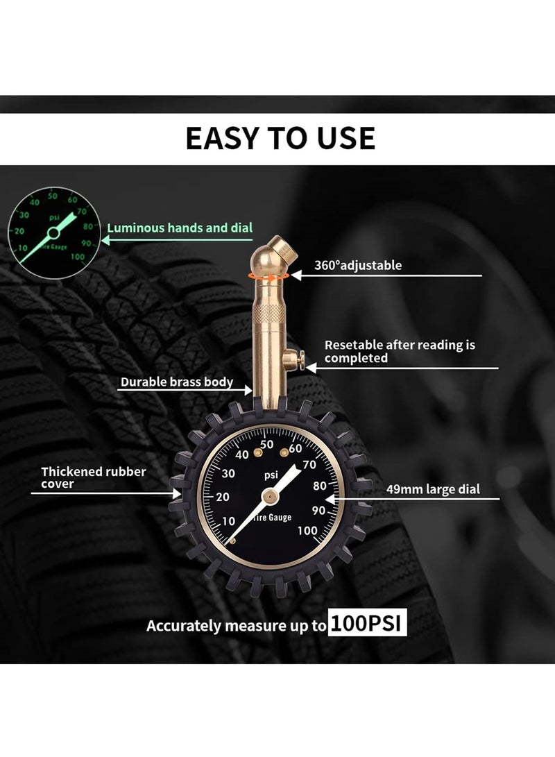 Professional Glow in The Dark Tire Pressure Gauge, ANSI Certified Heavy Duty Air Pressure Gauge 0-100 PSI for Cars, Trucks, RVs, Bicycles, and Motorcycles - Image 2