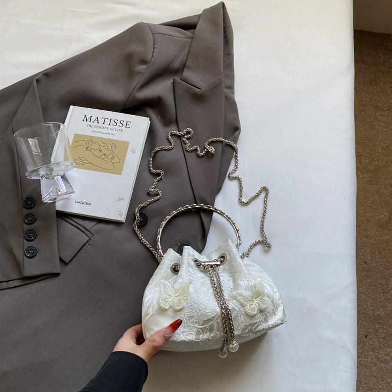 Chinese Style Butterfly Embroider Handbag Women'S Fashion Drawstring Bucket Bag Summer Chain Crossbody Bag - Image 1