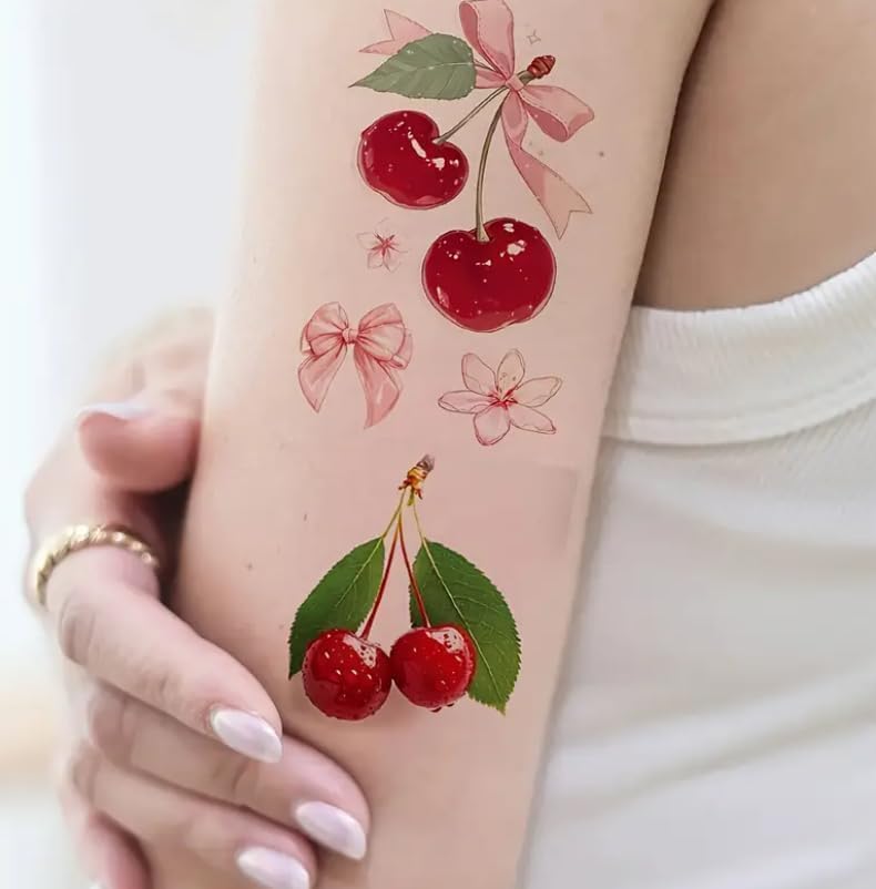 Cherry Temporary Tattoo Stickers - 10 Sheets for Birthday Party Decorations, Red Cherry Temporary Tattoos for Girls (Multiple Cherry Shapes)